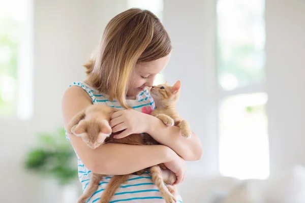 Маленький ребенок держит котенка. Дети и домашние животные — стоковое фото