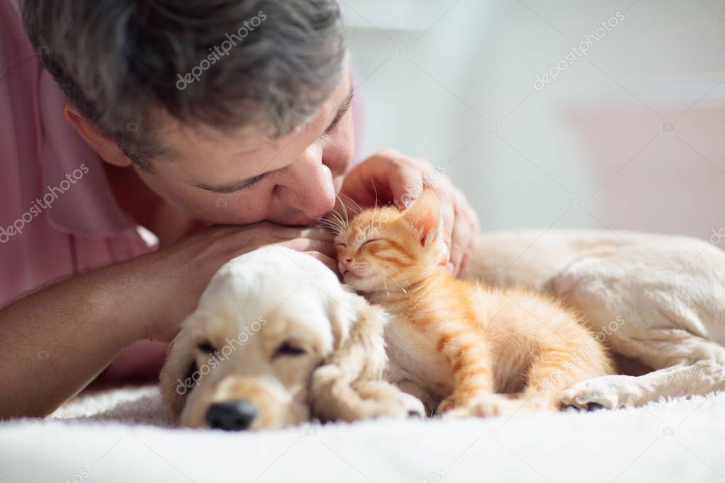 Cat and dog sleeping. Puppy and kitten sleep.