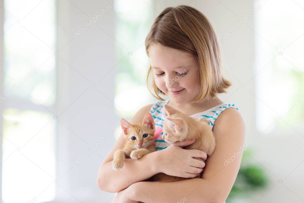 Little child holding baby cat. Kids and pets