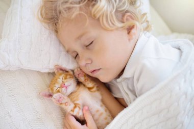 Yavru çocuk kedi yavrusuyla yatıyor. Çocuk ve kedi.