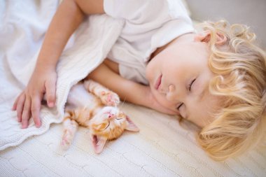 Yavru çocuk kedi yavrusuyla yatıyor. Çocuk ve kedi.