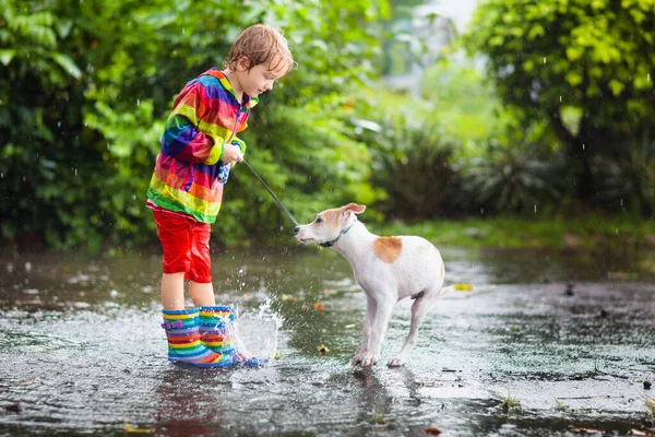 Niño Perro Jugando Bajo Lluvia Parque Otoño Niño Paseando Cachorro — Foto de Stock