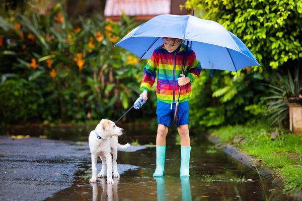 Bambini Cani Che Giocano Sotto Pioggia Nel Parco Autunnale Cucciolo — Foto Stock
