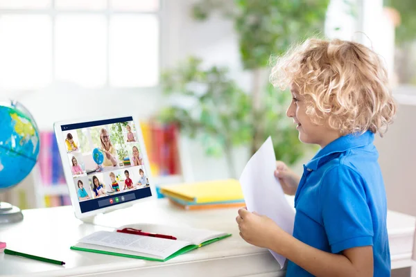 Online Leren Afstand Schoolkinderen Met Een Computer Die Videoconferentie Chat — Stockfoto