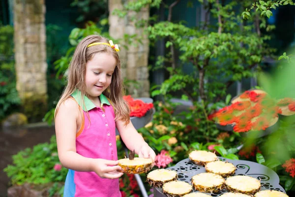 Παιδί Βλέπει Πεταλούδα Στον Τροπικό Κήπο Κοριτσάκι Ταΐζει Εξωτικές Πεταλούδες — Φωτογραφία Αρχείου