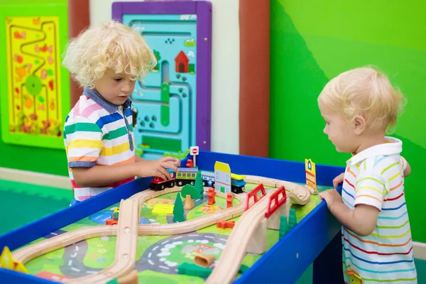 Kids Play Toy Railroad Little Blond Curly Boy Wooden Trains — Stock Photo, Image