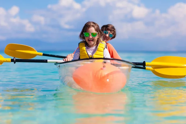 Kids Kayaking Ocean Children Kayak Tropical Sea Active Vacation Young — Stock Photo, Image