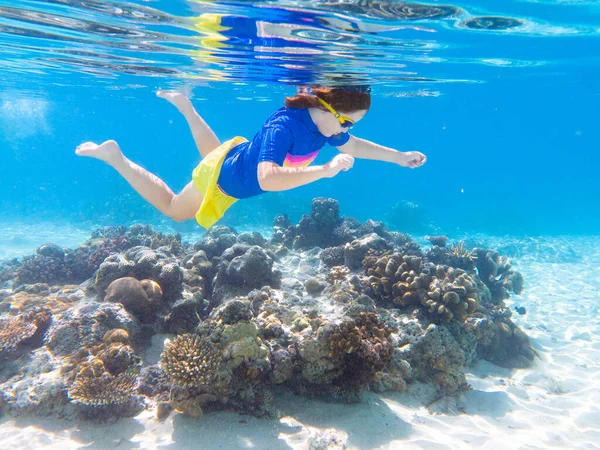 子供のシュノーケリング 子供たちは水中で泳ぐ ビーチや子供と海の夏休み サンゴ礁の魚を見ている少女 エキゾチックな島の海洋生物 子供の水泳やシュノーケリングやマスクとダイビング — ストック写真