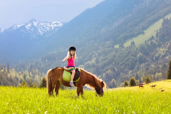Kids Riding Pony Alps Mountains Family Spring Vacation Horse Ranch — Stock Photo, Image