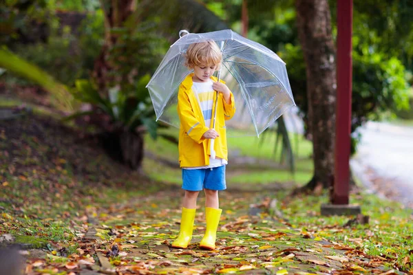 Child Playing Autumn Rain Kid Umbrella Little Boy Running Park — Stock Photo, Image