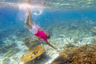 Kadın şnorkelle yüzüyor. Kız suyun altında yüzüyor. Plaj ve deniz yaz tatili. Mercan resifi balıklarını izleyen bir kadın. Egzotik adada deniz yaşamı. Yüzmek ve dalmak Şnorkel ve maskeyle.