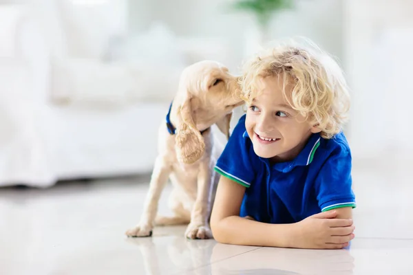 Niño Jugando Con Perro Bebé Los Niños Juegan Con Cachorro — Foto de Stock