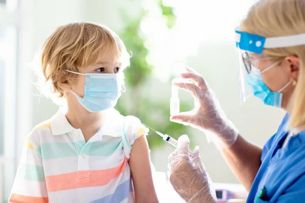 Coronavirus Vaccination Covid Vaccine Doctor Vaccinating Child Kids Clinic Little — Stock Photo, Image