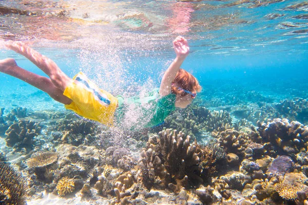 子供のシュノーケリング 子供たちは水中で泳ぐ ビーチや子供と海の夏休み サンゴ礁の魚を見ている小さな男の子 エキゾチックな島の海洋生物 子供の水泳やシュノーケリングやマスクとダイビング — ストック写真