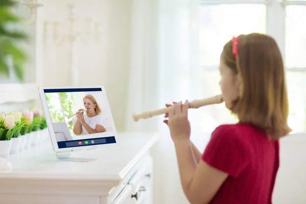 Child Playing Flute Remote Learning Home Arts Kid Little Girl — Stock Photo, Image