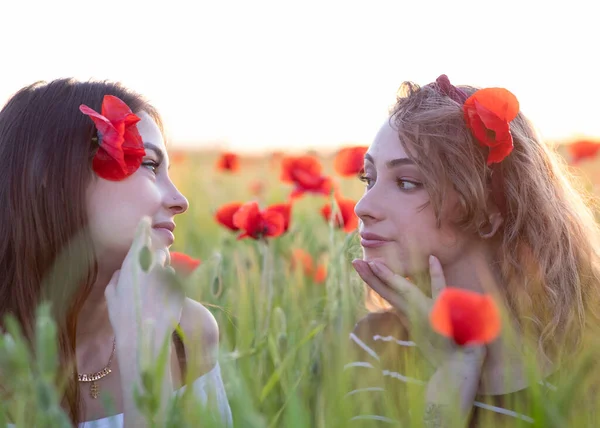 Duas Lésbicas Meninas Campo Com Flores — Fotografia de Stock