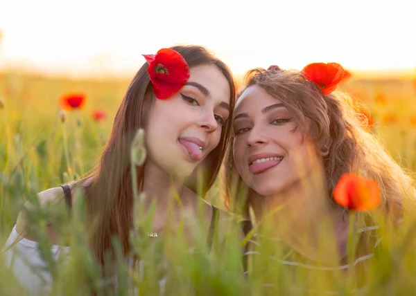 Duas Lésbicas Meninas Campo Com Flores — Fotografia de Stock