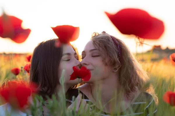 Dos Lesbianas Niñas Besos Amapola Campo — Foto de Stock