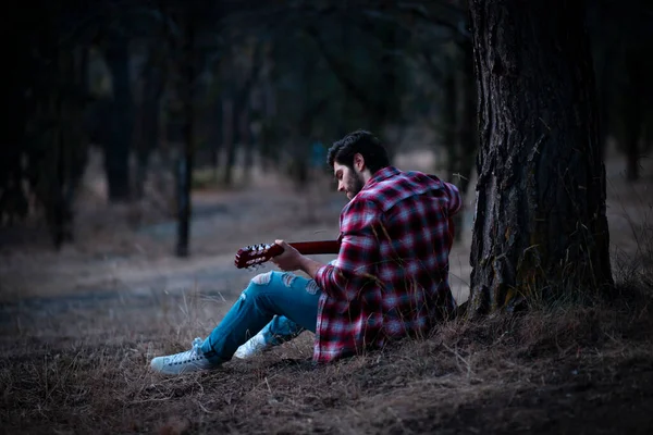 日落时在森林里弹吉他的人 — 图库照片