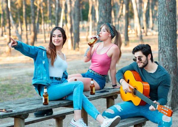 Grupo Tres Amigos Tocan Guitarra Divierten Área Picnic —  Fotos de Stock