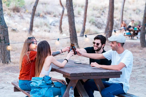 Grupo Jóvenes Tienen Una Fiesta Aire Libre Beber Cervezas —  Fotos de Stock