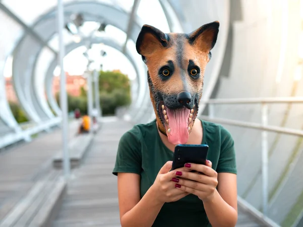 Pessoas Mulher Usando Smartphone Com Máscara Cão — Fotografia de Stock