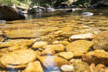 Bulanık bir arkaplanda nehirde kayaların yakın plan çekimi.
