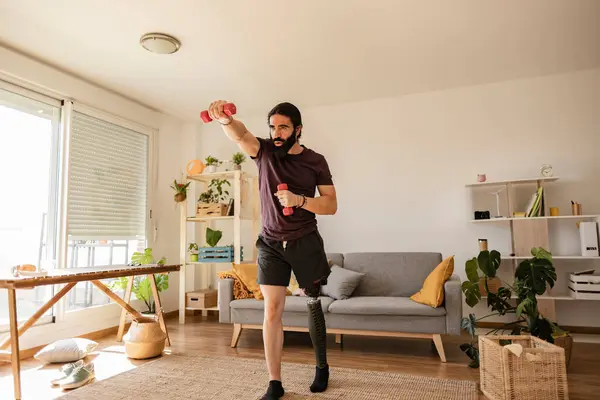 man amputated leg prosthesis, sport at home weights dumbbells