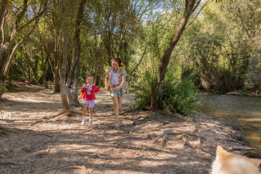 Mother and daughter joyfully running hand in hand along a riverbank in a lush forest, basking in the warm sunshine of a summer day, with a playful dog happily trailing behind