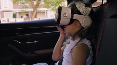 Young passenger wearing virtual reality headset immersing in digital world while traveling, experiencing innovative entertainment during family road trip journey