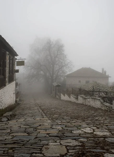 Fog Traditional Stone Houses Vizitsa Village Mountain Pelion Greece — Stock Photo, Image