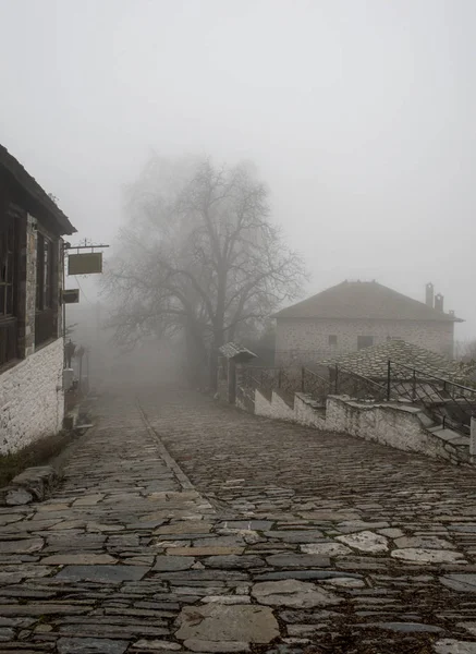 Nevoeiro Casas Pedra Tradicionais Aldeia Vizitsa Pelion Montês Grécia — Fotografia de Stock