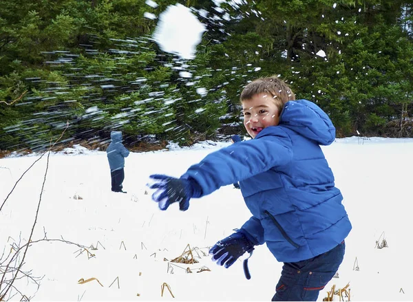 Oğlan mavi sıcak paltolu güzel kış yerde kartopu ile eğleniyor