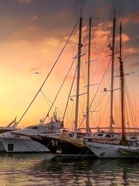 Yatların üzerinde bir martı ile marina Zeas pastoral gün batımı