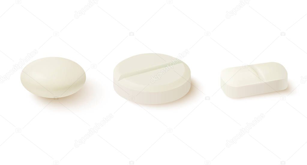 Realistic medical pills. Collection of oval, round and capsule shaped tablets.