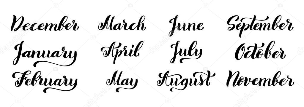 Calligraphic set of months of the year. December, January, February, March, April, May, September, October, November