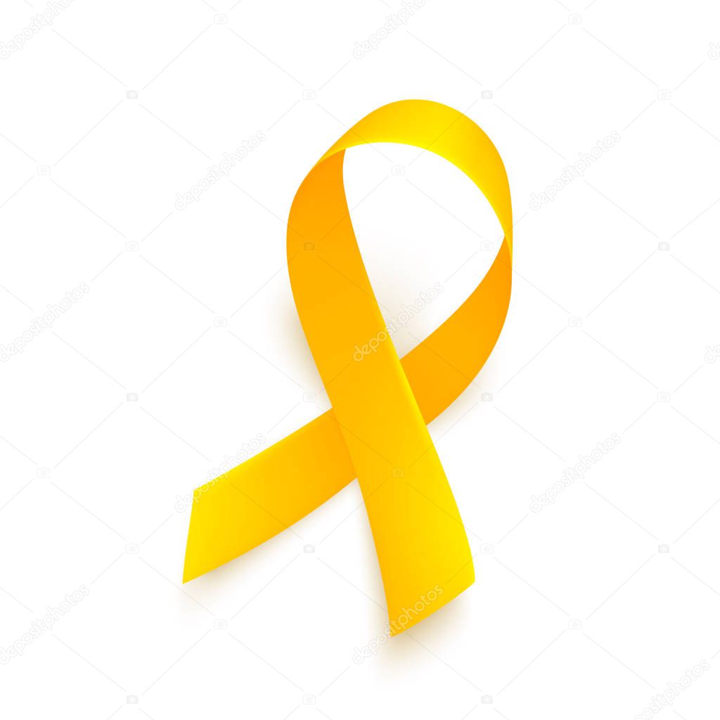Realistic gold ribbon. World childhood cancer symbol, vector. Poster for cancer awareness month.
