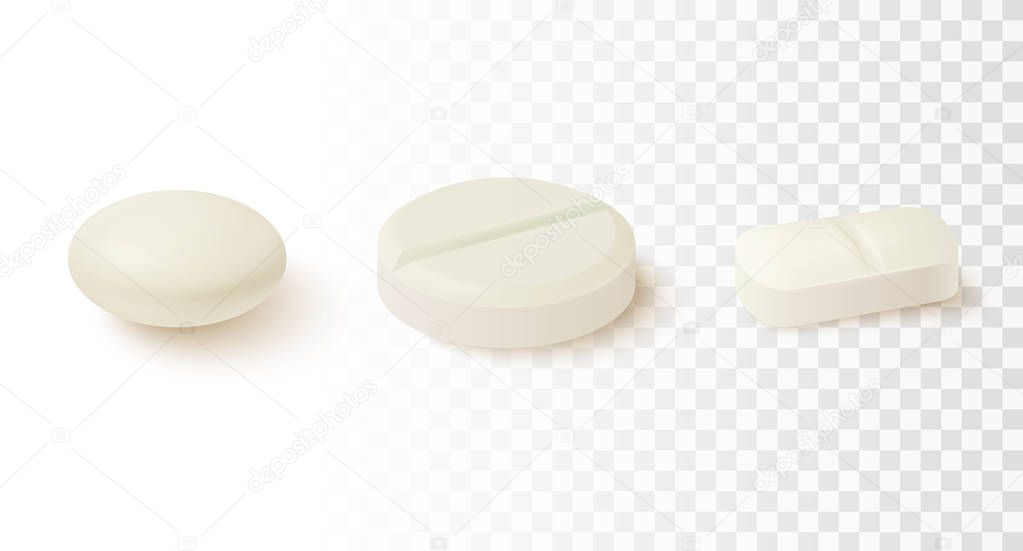 Collection of oval, round and capsule shaped tablets. Realistic vector Medicine and drugs.