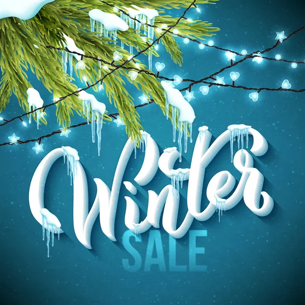 Affiche de vente d'hiver avec sapin réaliste, glaçons et lumières scintillantes de Noël. Illustration vectorielle . — Image vectorielle