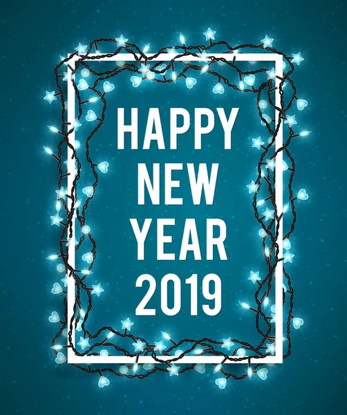 Mutlu yeni yıl 2019 poster gerçekçi Noel ışıkları ile. Poster tasarım şablonu. Tatil için kartı. Vektör