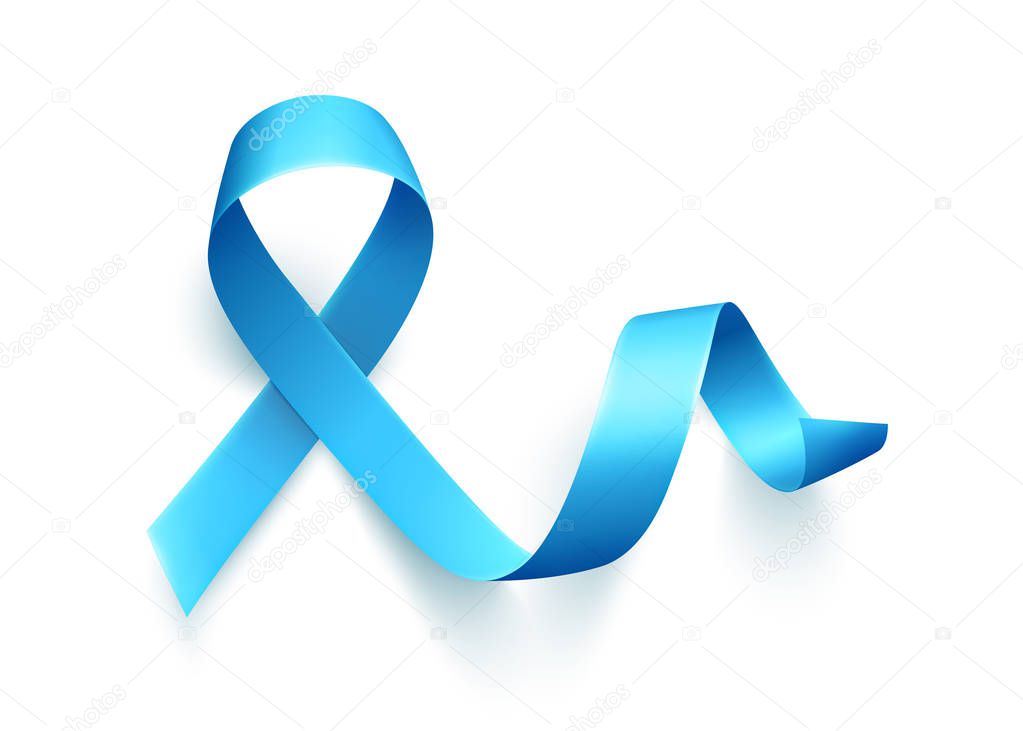 Realistic blue ribbon over white background. Symbol of prostate cancer awareness month in november. Vector