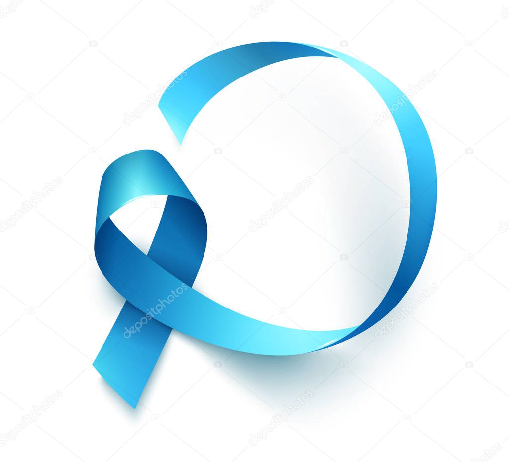 Realistic blue ribbon over white background. Symbol of prostate cancer awareness month in november. Vector