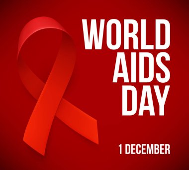 Gerçekçi kırmızı kurdeleli bir pankart. 1 Aralık 'ta Dünya Yardım Günü' nün sembollü posteri. Tasarım şablonu, vektör