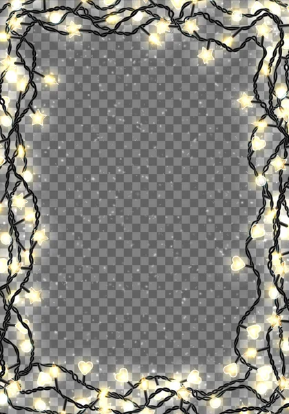 Hranici šablona s realistické barevné girlandy. Zářící vánoční světla nad průhledné pozadí. Vektor — Stockový vektor