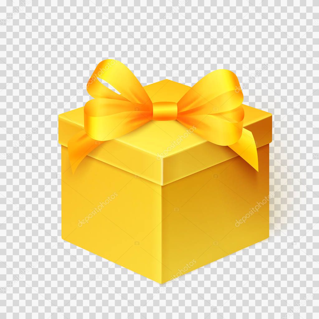 Realistic yellow gift box with ribbon. Design template for Holiday Christmas present. Vector illustration.