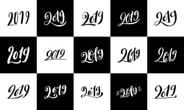 Mutlu yeni yıl 2019. Kompozisyon yazı ile vektör çizim. Mevsimlik tebrik kartları Noel düğün için.
