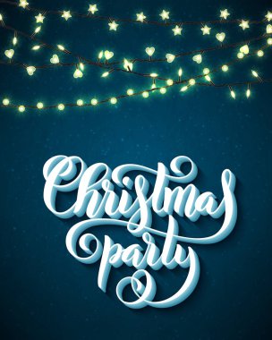 Noel partisi poster çizilmiş yazı ve Noel ışıkları ile. Vektör