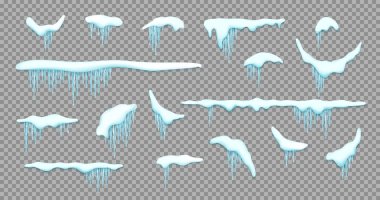 İzole kar cap kümesi. Tasarımınız için karlı elemanları ile vektör şablonu. Gerçekçi snowdrifts ve buz sarkıtları.