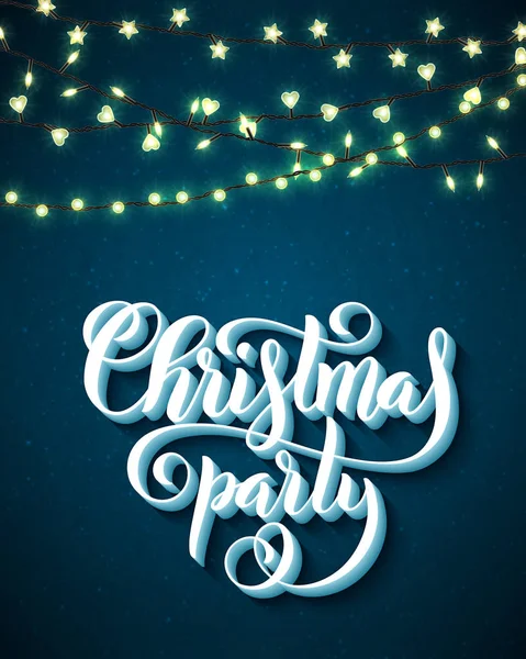 Christmas party poster with hand-drawn lettering and christmas lights. Vector — Stock Vector