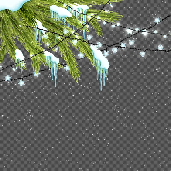 Grenze mit realistischem Tannenbaum, Schnee, Eiszapfen und Weihnachtsbeleuchtung. schöner Winterhintergrund für frohe Weihnachten. — Stockvektor